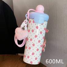 1個 600ML 粉白不鏽鋼保溫隨行杯，草莓/花朵/櫻桃印花，附粉色愛心格紋吊飾與粉色矽膠掛繩，便攜式，適用冷熱飲，適合戶外露營、辦公室、學校、居家使用，禮品推薦 - 彩色 - 查看 1