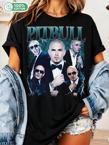 Vintage Counterfeit Pitbull Mr. Worldwide T-Shirt, 90s Rapper Collage T-Shirt, Cotton T-Shirt With Lightning Bolt Design, Gift For Hip-Hop Fans - Black - View 6