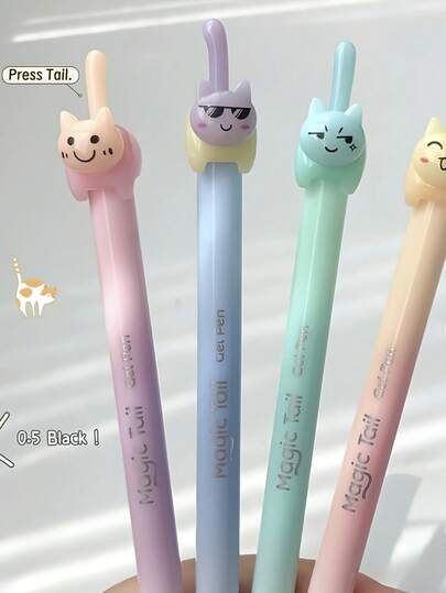 4pcs Cute Cat Tail Press Gel Pen, DIY Decor Retractable Ballpoint Pen, Smooth Ink Flow, Comfortable Grip, Perfect For Children, Daily Notes And Exam Practice