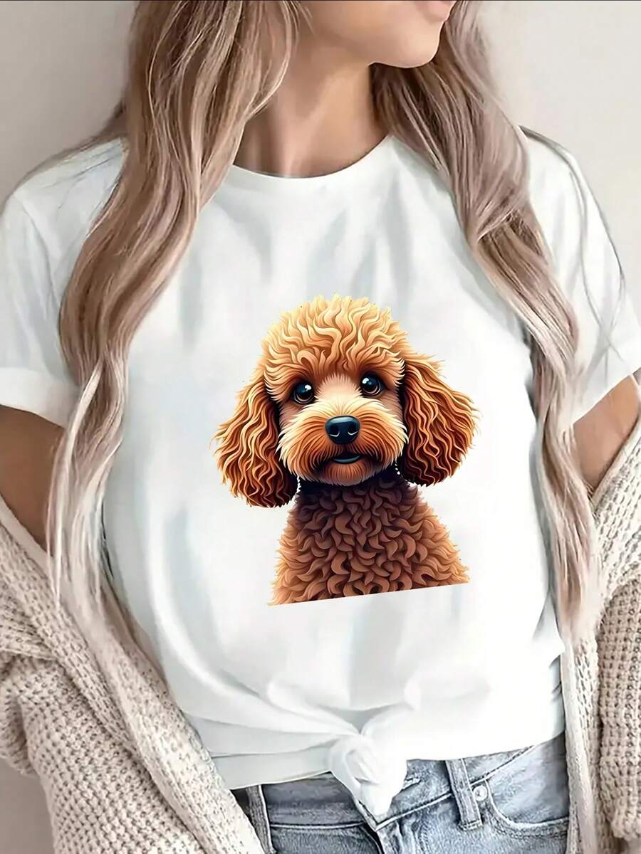 Short-Sleeved Polyester T-Shirt With Adorable Poodle Print, Lightweight And Durable, Ideal For Casual Wear At Home, In The Park Or At A Cafe, Comfortable Fit For Everyday Use - 白色 - 查看 1
