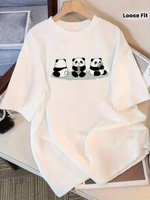 Camiseta Estampada para Mujer - Camiseta Oversized de Manga Larga con Gráfico de Panda, Diseño Casual de Cuello Redondo y Corte Relajado, para Todas las Estaciones, Perfecta para Uso Diario y Atuendos de Vacaciones (Lavable aáquina). - Blanco - Ver 1