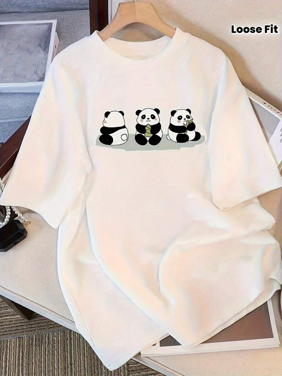 Camiseta Estampada para Mujer - Camiseta Oversized de Manga Larga con Gráfico de Panda, Diseño Casual de Cuello Redondo y Corte Relajado, para Todas las Estaciones, Perfecta para Uso Diario y Atuendos de Vacaciones (Lavable aáquina). - Blanco - Ver 1