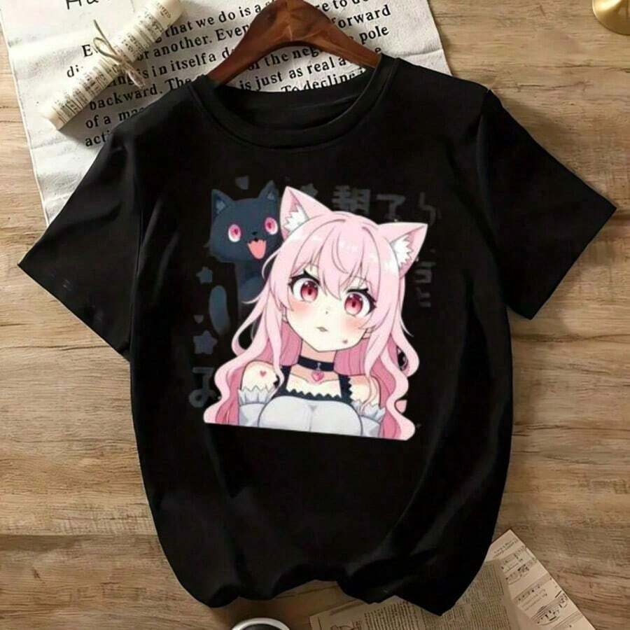 Camiseta de algodón para mujer con estampado gráfico de anime, manga corta, cuello redondo, diseño casual con chica manga linda, cómoda, adecuada como regalo. playera de mujer. blusas>elegantes. boho chic,Top de mujer suave, transpirable y cómodo, ideal para primavera, verano y otoño, perfecto para vacaciones, viajes y uso diario. - Negro 4 - Ver 1