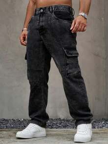 Men's Fashion Cargo Pocket Straight Loose Casual Jeans - Black - View 1