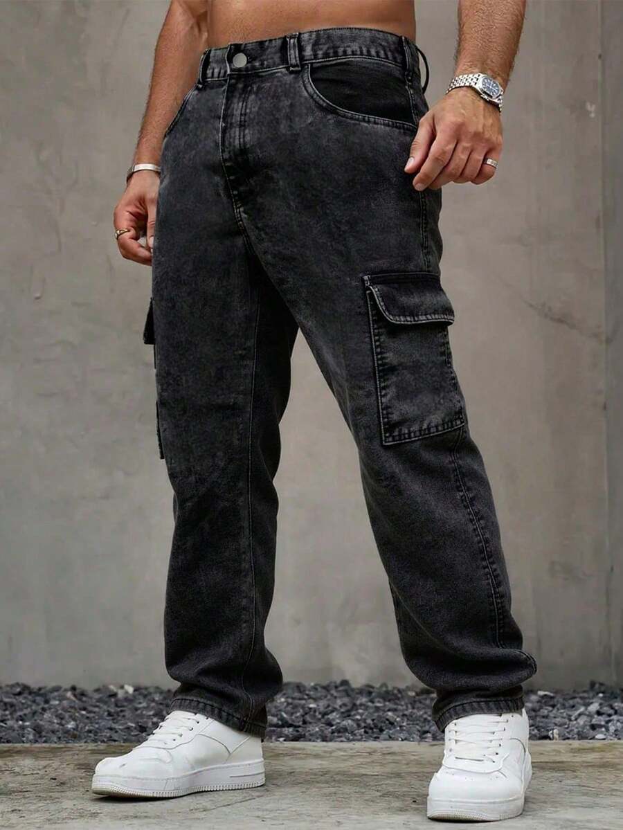Men's Fashion Cargo Pocket Straight Loose Casual Jeans - Black - View 1