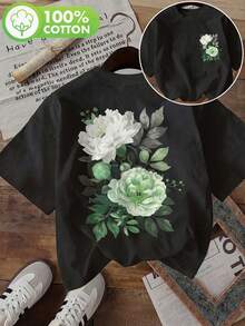 [Double-Sided Print] Fashionable Women's Top, Summer Clothes For Women, Cool Style With Green Peony Leaf Print, Round Neck, Short Sleeve T-Shirt, Winter Clothes For Women - 黑色 - 查看 7