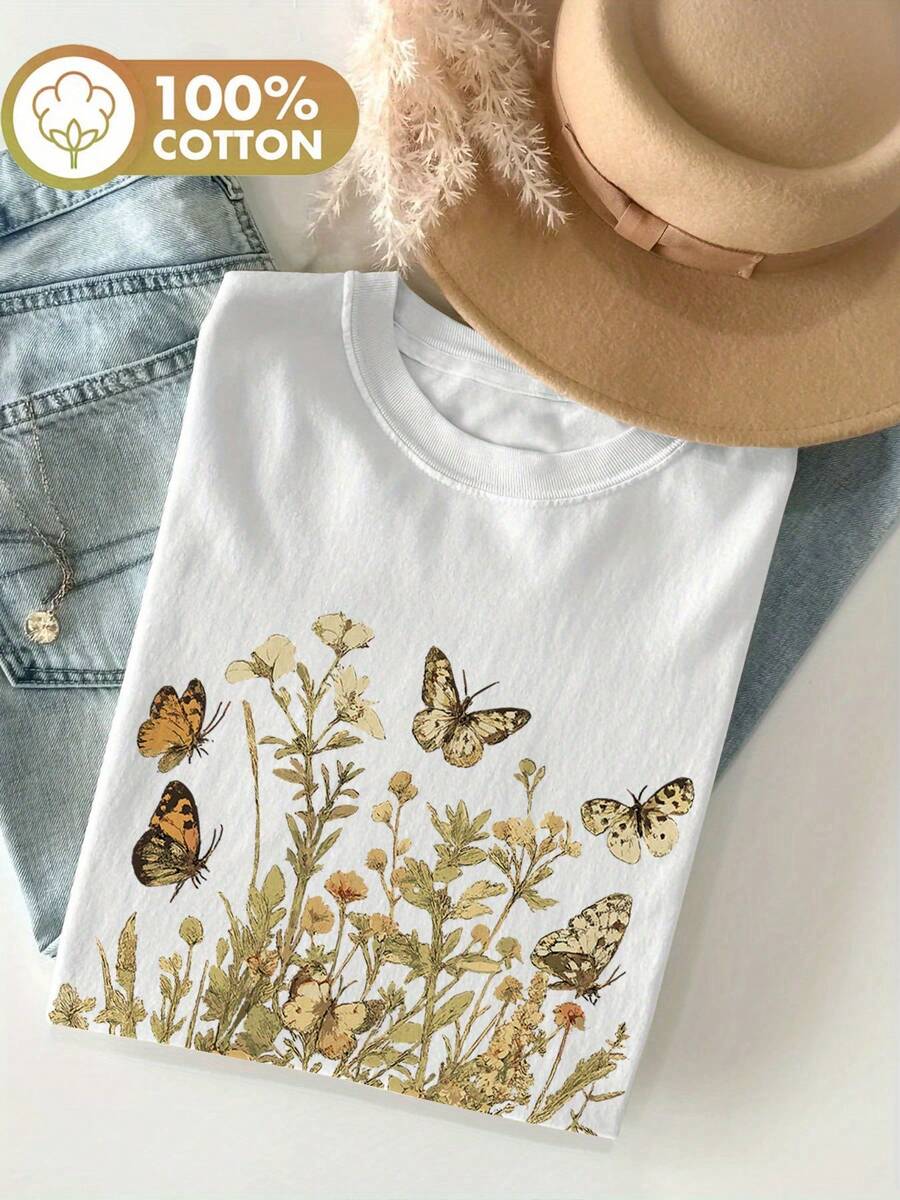Graphic Print T-Shirt, Short Sleeves, Round Neck, Casual Top For Summer And Spring, Women's Clothing, Women's Winter Clothing - 白色 - 查看 1