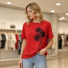 Women's Cotton T-Shirt With 3D Mesh Flower Appliqué, Round Neck, Short Sleeve, Casual Top, Loose Fit, Basic Summer T-Shirt, Sizes S-5XL Available, Black And White Flower Adorned Shirt, Fashionable Blouse For Everyday Wear. - 紅色 - 查看 1