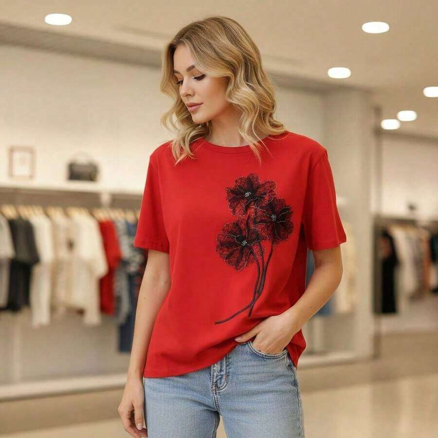 Women's Cotton T-Shirt With 3D Mesh Flower Appliqué, Round Neck, Short Sleeve, Casual Top, Loose Fit, Basic Summer T-Shirt, Sizes S-5XL Available, Black And White Flower Adorned Shirt, Fashionable Blouse For Everyday Wear. - 紅色 - 查看 1