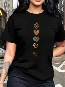 T-Shirt With An Artistic Heart Print Featuring Multiple Designs. Modern And Breathable, Suitable For Family Trips, College Activities, Casual Sports, Daily Commutes, Matching Sister Outfits-A Versatile Tee. E89T - 黑色 - 查看 1