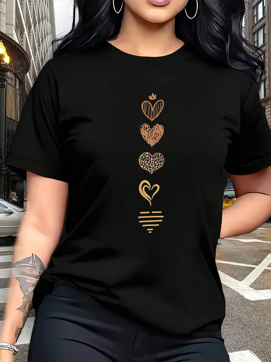 T-Shirt With An Artistic Heart Print Featuring Multiple Designs. Modern And Breathable, Suitable For Family Trips, College Activities, Casual Sports, Daily Commutes, Matching Sister Outfits-A Versatile Tee. E89T - 黑色 - 查看 1