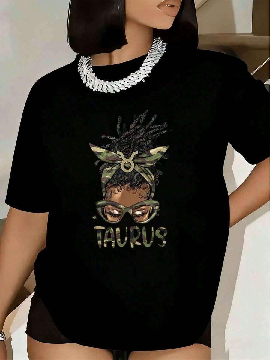Women's T-Shirt With Taurus Zodiac Sign Print With Afro Hair And Glasses, Short Sleeve, Round Neck, Casual Clothing For Birthday Party Or Daily Wear, Basic Women's Blouse, Women's Blouse, Urban Style T-Shirt, Casual T-Shirt For Festivals And Daily Wear. - 黑色 - 查看 1
