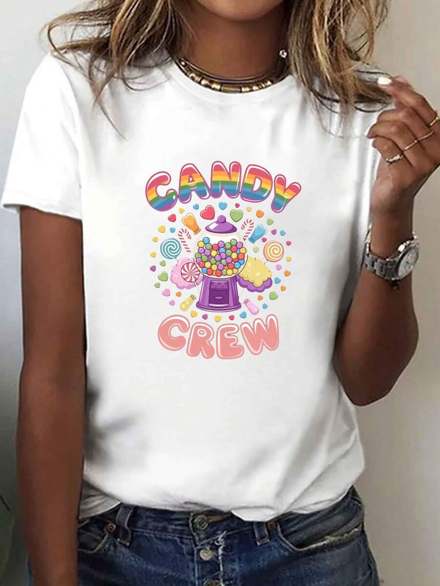 CANDY CREW Short-Sleeved T-Shirt With Round Neck, Perfect For Casual Wear In Spring And Summer, Designed For Women. - 白色 - View 1