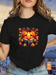 Short-Sleeved T-Shirt With Round Neck And Creative Digital Print 'Pumpkin With Open Book', Casual T-Shirt For Women, Loose And Comfortable, Versatile For Casual Outfits, Informal Outings, Home Or Work. - 黑色 - 查看 6