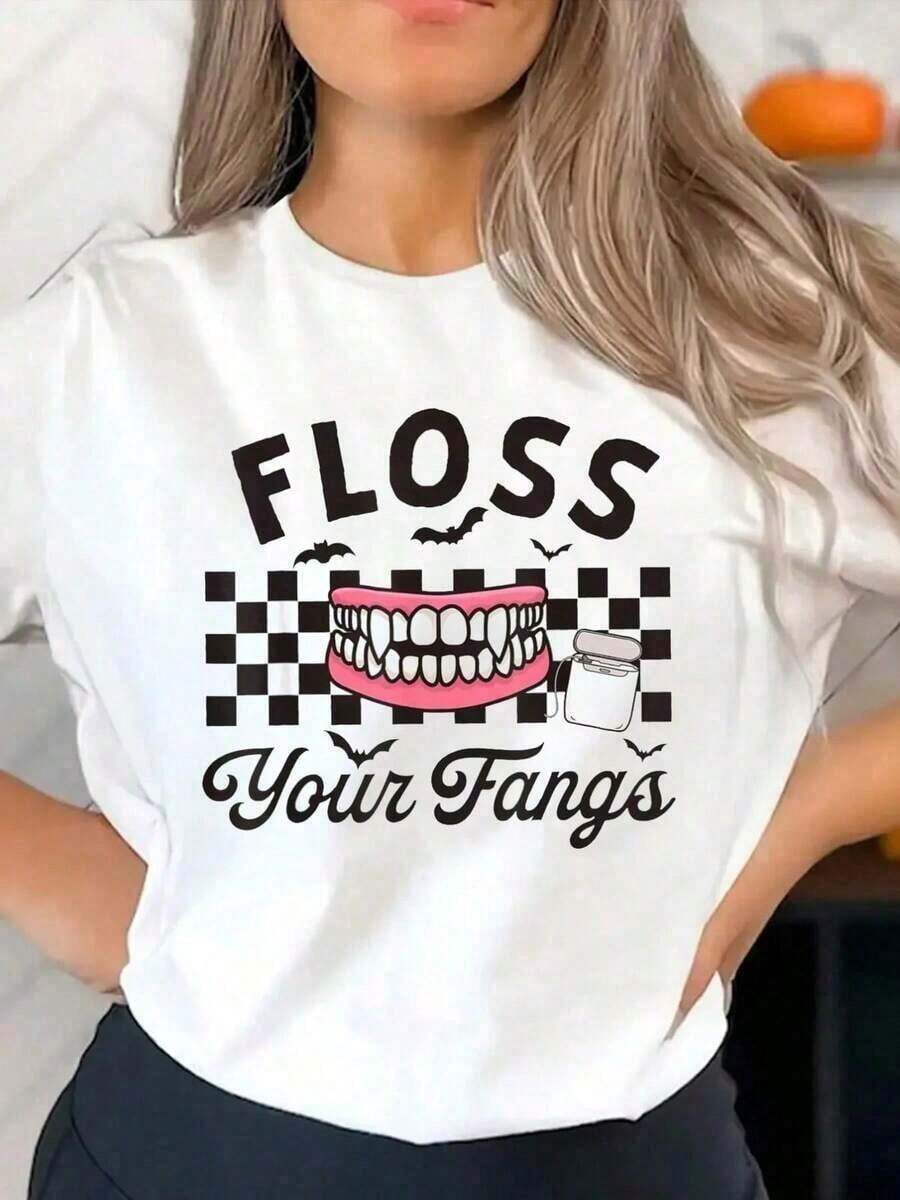 1 pieza, 2026, Camiseta de verano para mujer, nueva, con estampado sencillo, informal, para asistente de higienista dental, técnico, Halloween, "Floss Your Fangs", cuello redondo, blanca, de manga corta, camisetas gráficas de moda para uso diario, ropa de vacaciones, camisetas gráficas, tops de verano, camisetas, camisa blanca, tops de verano, top, tops adecuados para primavera, verano y otoño, . - Blanco - Ver 1
