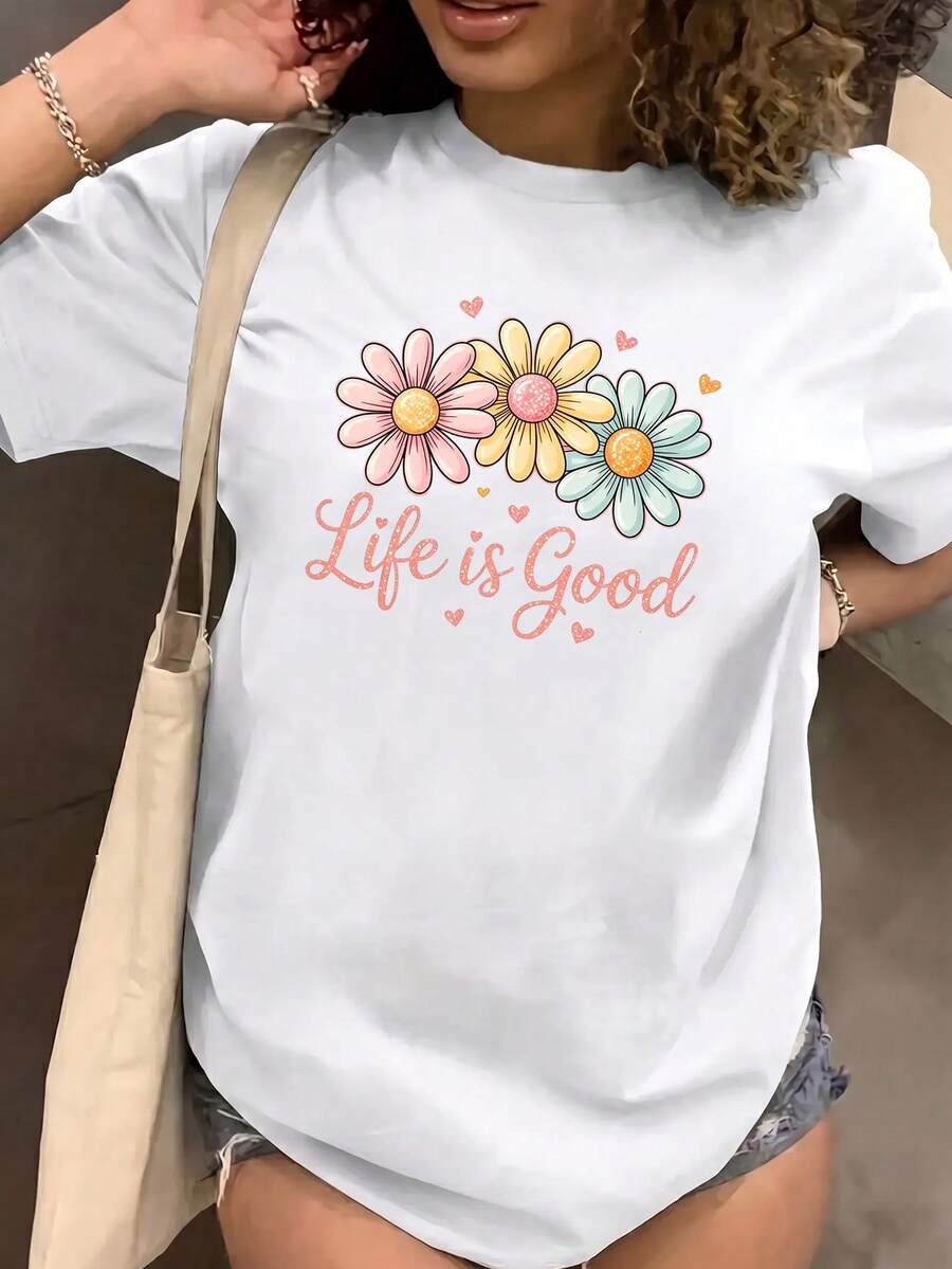 Womens Round Neck Short Sleeve T-Shirt Casual Regular Length Knitted Fabric Top with Floral Print - Blanco - Ver 1