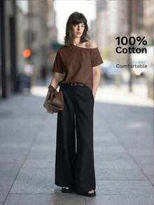 2026SS Nueva Blusa de Mujer de unicolor con Hombros Descubiertos, Uso Casual Diario, Camiseta de Manga Corta Holgada, Blusas de Verano para Mujer, Casual de Negocios, Vacaciones, Playa, Fiesta de Cumpleaños, Atuendo de Maestra, Regreso a Clases - Marrón - Ver 11