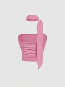 MOD Set de 3 piezas de top corto de punto ajustado con volantes y tirantes de bufanda para mujeres - Rosa - Ver 8
