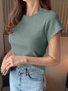 Camiseta de manga corta de mujer de cuello redondo de unicolor básica blanca, para primavera/verano, estilo casual empresarial - Verde 2 - Ver 3