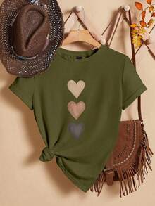 Camiseta de manga corta de cuello redondo con ajuste holgado y estampado de corazón casual para mujer, adecuada para el verano y para salir de forma casual - Verde militar - Ver 1