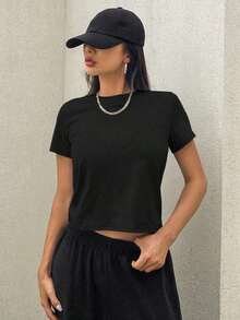 Camiseta de manga corta de ajuste slim con cuello redondo para mujer, para el verano - Negro - Ver 6