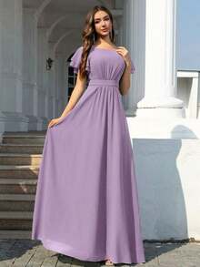 Vestido de dama de honor de gasa con volantes y mangas cortas con volantes, cuello de barco, estilo elegante para boda, color eucalipto - Púrpura polvoriento 2 - Ver 3