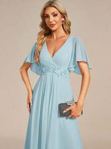 Elegante vestido de dama de honor de gasa con cuello en V, mangas con volantes bordados y plisados, vestido de noche formal para invitados de boda - Celeste 3 - Ver 5
