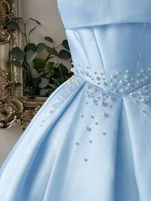Vestido elegante, lujoso y noble de estilo palaciego con hombros abiertos, escote corazón sin tirantes, silueta de sirena, decoración de perlas falsas y bajo acampanado, adecuado para despedida de soltera, boda, graduación, vacaciones y fiesta de - Celeste - Ver 5
