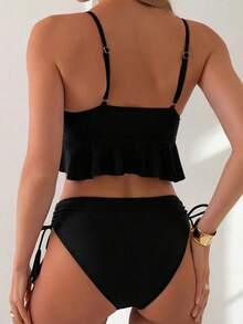 Conjunto de bikini de unicolor con nudo delantero, traje de baño sexy para el estilo de playa de verano - Negro - Ver 2
