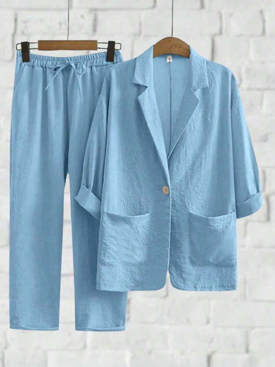 Conjunto de chaqueta y pantalones de unicolor de manga larga para mujer, traje casual - Celeste - Ver 1