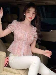 Blusa de verano con volantes y estampado todo sobre, ropa de otoño - Rosa - Ver 12
