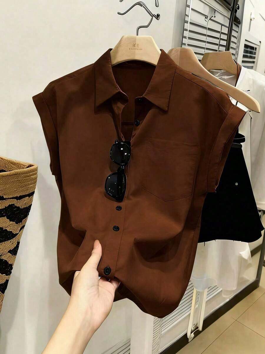 Camisa casual de mujer con mangas de murciélago azul y bolsillo, para uso diario, primavera/verano - Café integral - Ver 1