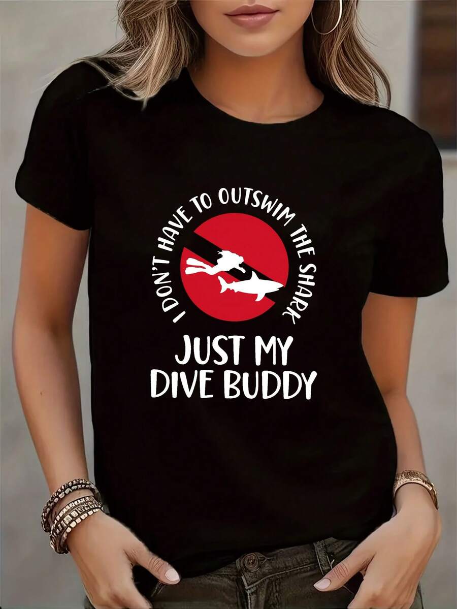 Camiseta casual de manga corta con cuello redondo para mujer, con estampado de patrón de buceo - tela suave y transpirable, diseño No tengo que nadarás rápido que un tiburón, base blanca con estampado rojo y negro, perfecta para la playa o la piscina - Camiseta unisex de algodón holgada de estilo vintage urbano con cuello redondo y manga corta. - Negro - Ver 1