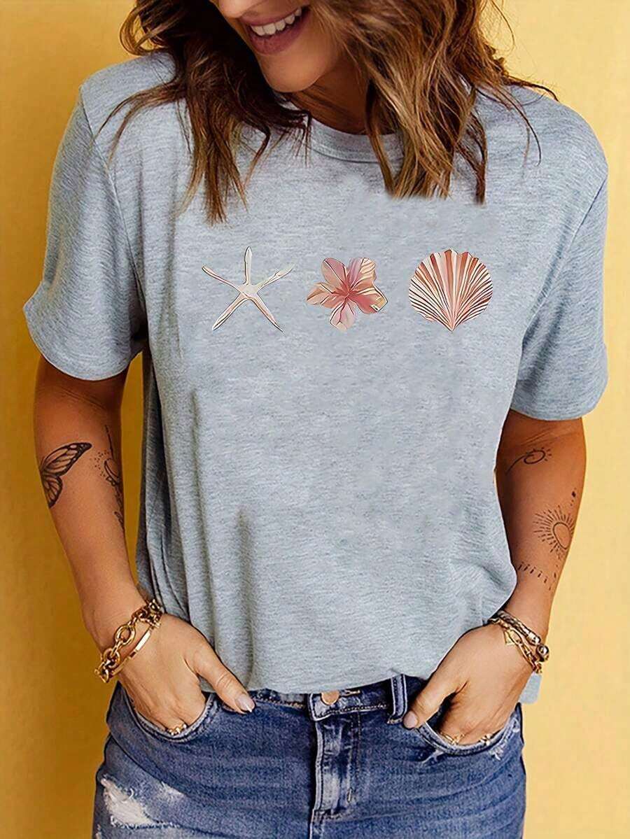 Women's Casual Summer T-Shirt With Shell Print, Round Neck And Short Sleeves, Black - 灰色 - 查看 1