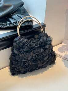 Elegant Rose Flower Clutch Purse, Women Formal Dress Party Handbag, Gentle Sweet Girl's Shoulder Bag, Solid Color Bucket Bag, Bridal Purse - màu đen - Xem 7