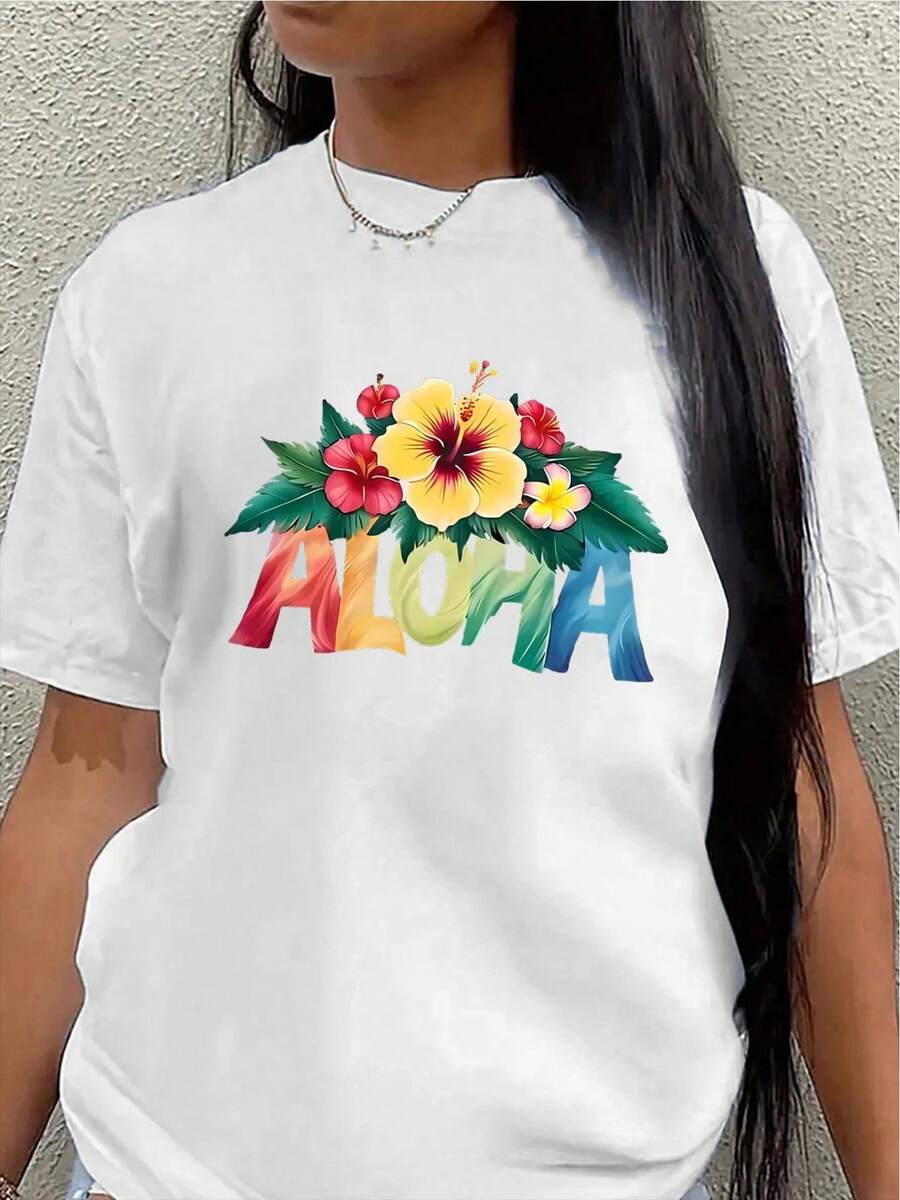 Camiseta de poliéster con estampado floral estilo aloha para mujer, ropa casual ligera, adecuada para fiestas en la playa y salidas de verano, diseño cómodo y duradero, ideal para vacaciones o uso diario.blusas para mujer>ropa - Blanco - Ver 1