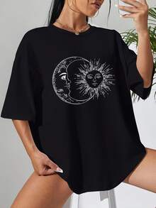 Camisetas vintage 100% algodón, estilo casual europeo y americano, con estampado de retrato de sol y luna en negro, cuello redondo simple, manga corta, 100% algodón. - Negro - Ver 4