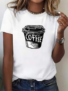 Camiseta Estampada para Amantes del Café - Camiseta de Mujer de Manga Corta, 180g, Cómoda para Otoño, Ideal para Reuniones Familiares y Regalos Navideños, Estilo Casual y Moderno: Camiseta con Lema de Café Negro - Blanco - Ver 1