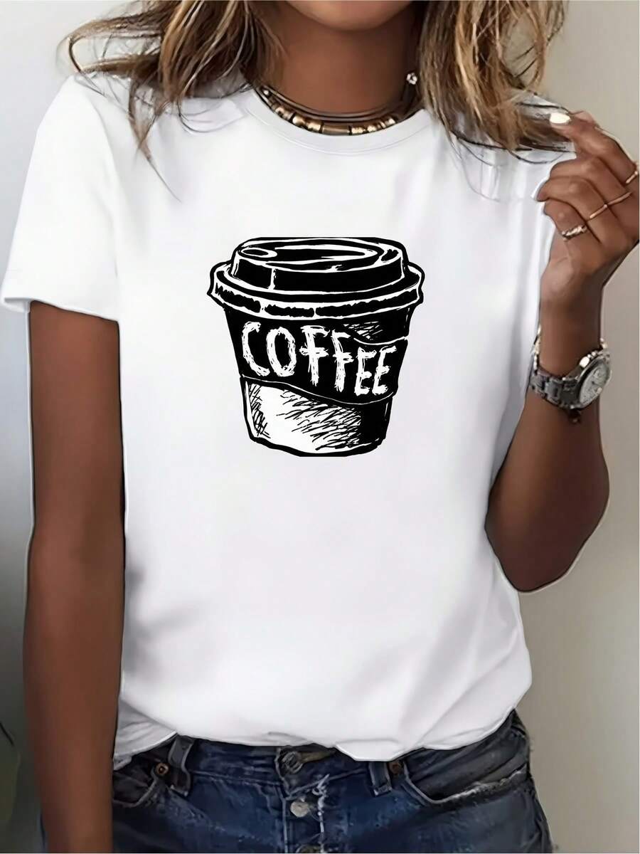 Camiseta Estampada para Amantes del Café - Camiseta de Mujer de Manga Corta, 180g, Cómoda para Otoño, Ideal para Reuniones Familiares y Regalos Navideños, Estilo Casual y Moderno: Camiseta con Lema de Café Negro - Blanco - Ver 1
