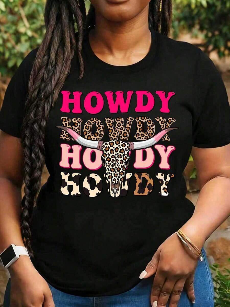 Women's T-Shirts: Plus Size Women's T-Shirt With Western Style Leopard Skull Print, 100% Cotton, Round Neck, Casual, Versatile, Ideal As A Gift For Cowgirl Parties And Outdoor Events. - 黑色 - 查看 1