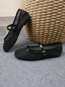 XBYASDF 2026新款女款黑色網紗芭蕾方頭平底鞋,帶扣帶淺口法式通勤鞋 - 黑色 - 查看 5