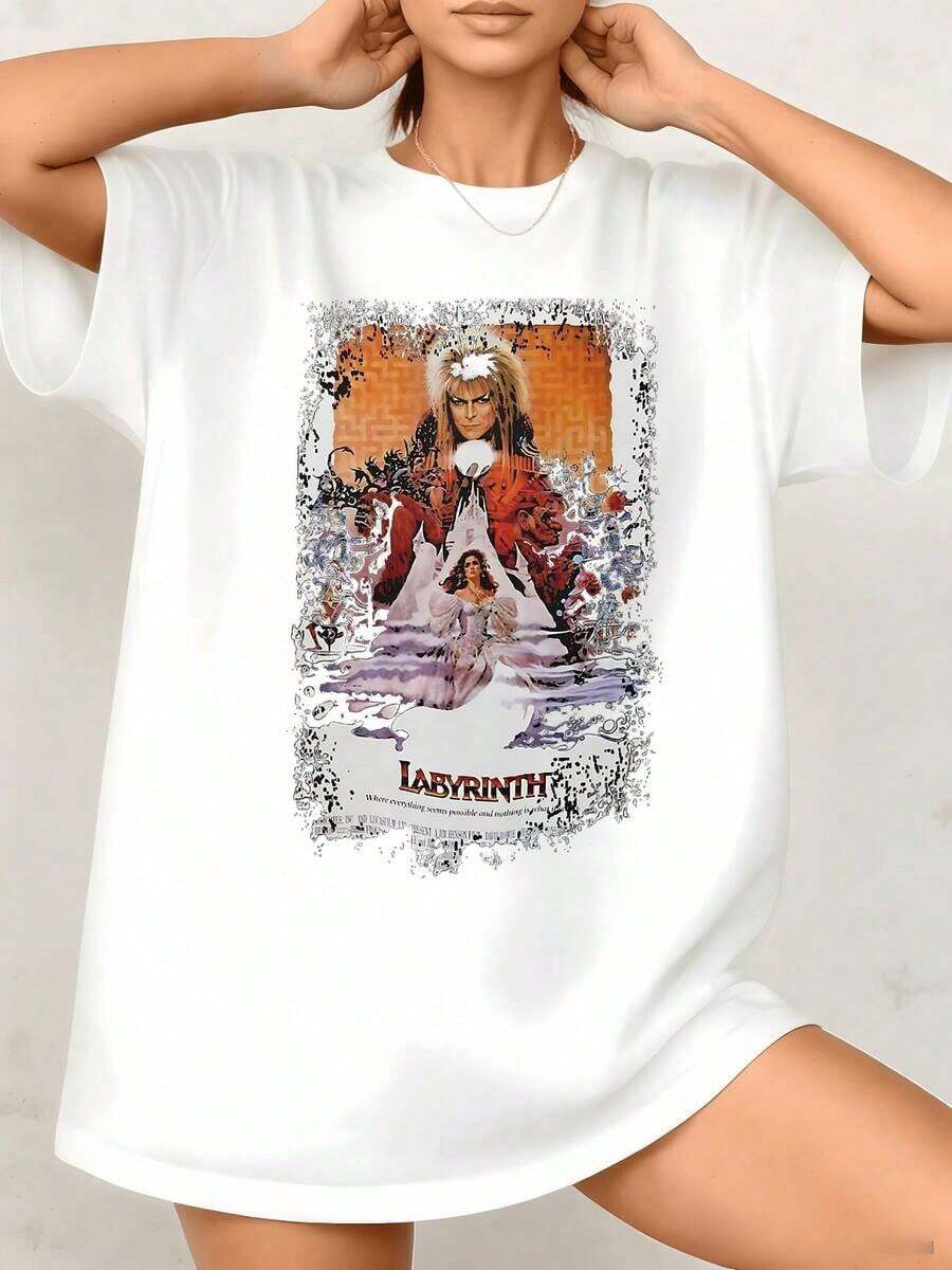 Women's T-Shirt With Labyrinth Movie Graphic Print, Goblin King, 100% Cotton, Crew Neck, Oversized Style, 1 Piece. Excellent Gifts For Friends And Family, Cool Black T-Shirt, Comfortable Fabric, Urban Style, Casual T-Shirt. - 白色 - 查看 1