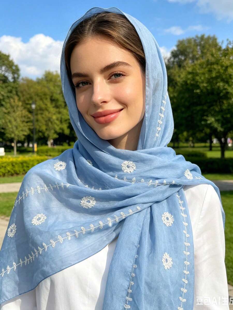 1 buah Aksesori Pantai Gaya Bohemian, Jilbab/Selendang Bordir Bunga, Pakaian Pantai Kasual untuk Luar Ruangan, Pelindung Matahari dan Tahan Angin - Biru muda - View 1