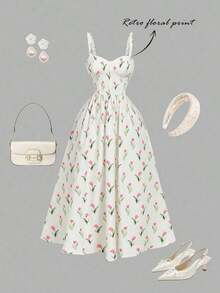 MOD Vestido elegante de tirantes finos con estampado floral y cintura ceñida para mujer - Multicolor - Ver 2