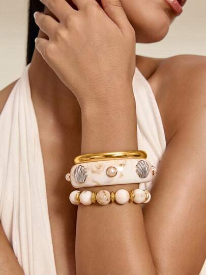 Altistry 3pcs Bohemian Gradient Resin Multilayer Shell & Faux Pearl Bracelet/Bangle Set, Suitable For Women To Wear In Daily, Vacation, Casual Gathering, Party, Jewelry Gifts, Color Random