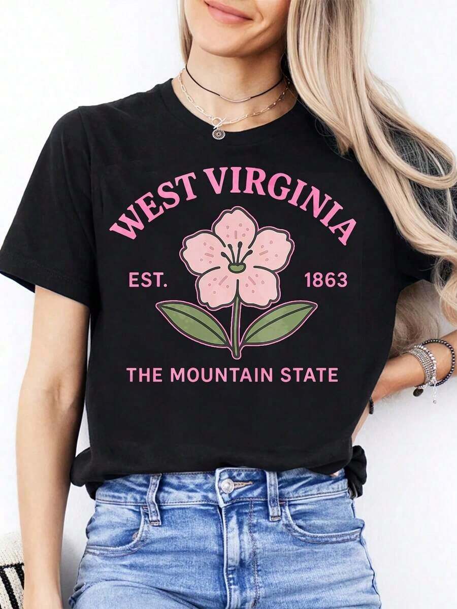 Under The Radar - Women's Fashionable And Casual Short Sleeve Crew Neck T-Shirt, Suitable For Daily And Sports Wear, West Virginia Floral Print, Ideal Gift For Friends And Family - Unisex Loose Cotton Short Sleeve Crew Neck T-Shirt, Urban Vintage Style. - 黑色 - 查看 1
