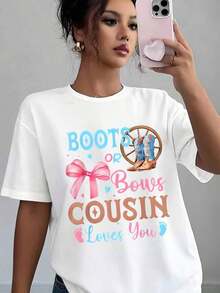 Women's Casual T-Shirt With Graphic Print "Boots Or Bows Cousin Loves You", Soft And Comfortable, Gift For Birthday, Christmas, Thanksgiving - 白色 - 查看 5