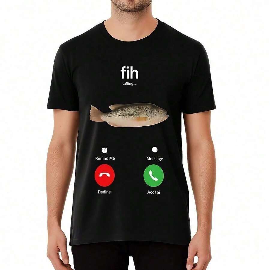 Fih Cotton T-Shirt Call Remind Me Message Reject Accept Phone Call Fish Casual Fit Streetwear Gifts For Men RG56 EBAI - 黑色 - 查看 1