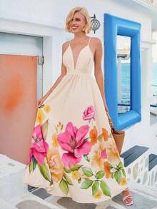 Vestido de mujer con cuello en V profundo, espalda descubierta y estampado floral para vacaciones de verano y playa - Beis - Ver 8