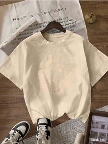 Beige Line Teddy Bear T-Shirt With "Lucky~" Text, Fashionable Short-Sleeved T-Shirt For Spring And Summer 2026, Made In Mexico, 180 Grams. Cartoon Print, Couple Design, Suitable For Indoor Or Outdoor Wear. Crew Neck, Unisex, Ideal For Office And Leisure. One-Pack. - APR-P631577SLNDXZGY655 - 查看 4